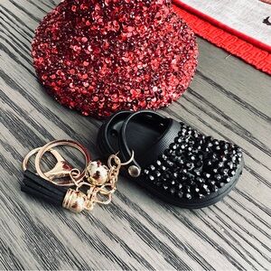 💖 New! Rhinestone Bling Black Croc Inspired Keychain w Tassel